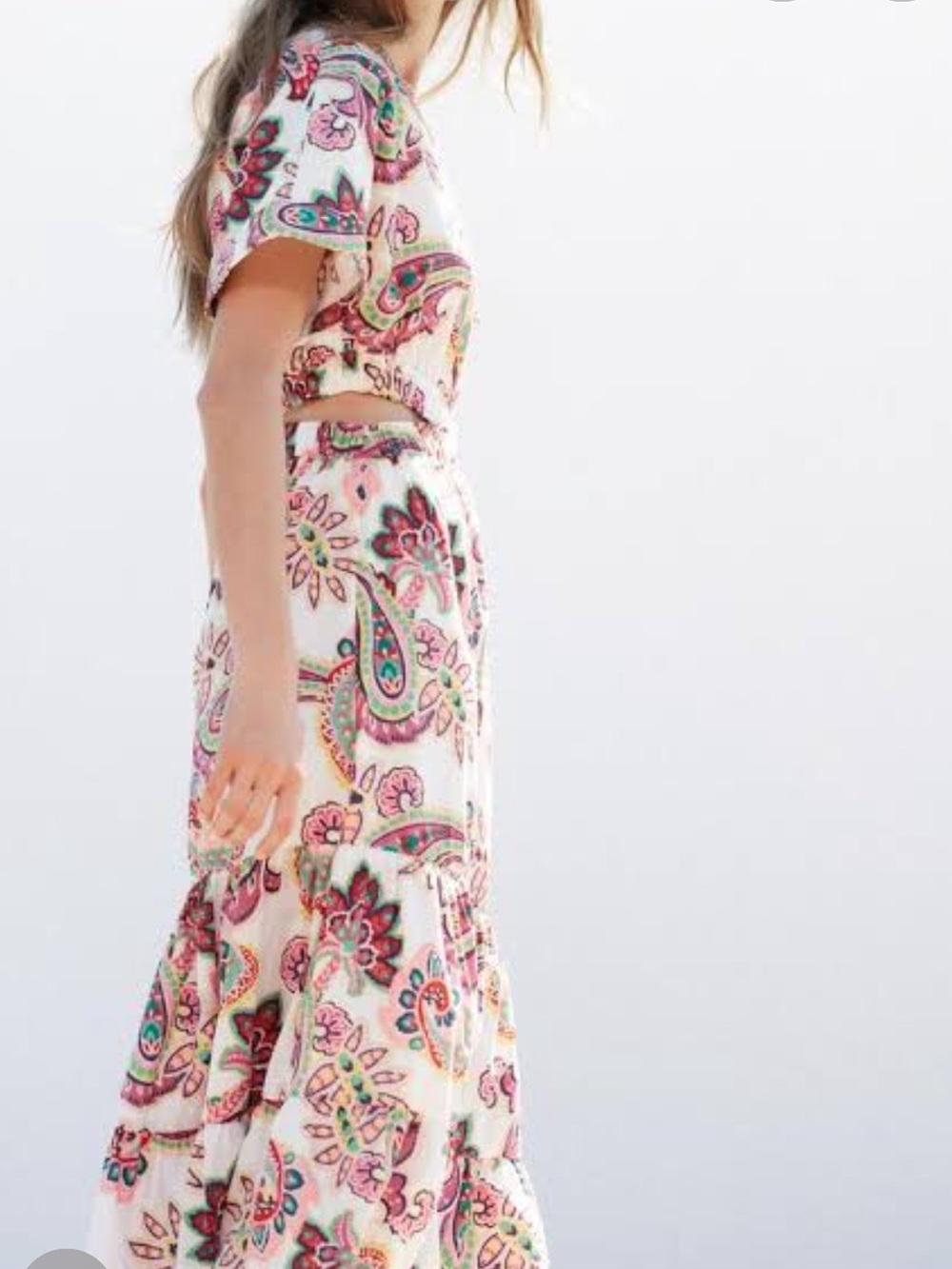 Zara White Maxi Dress with Pink & Green Paisley Print